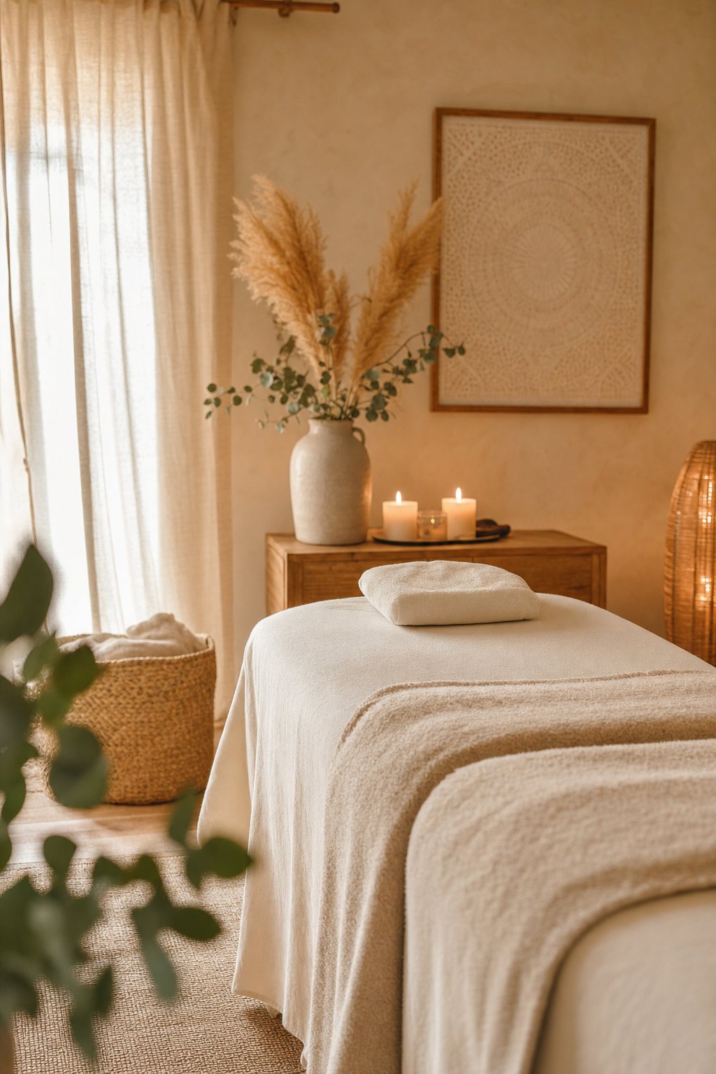 Sala de masajes de Serenna con velas, eucalipto y luz cálida